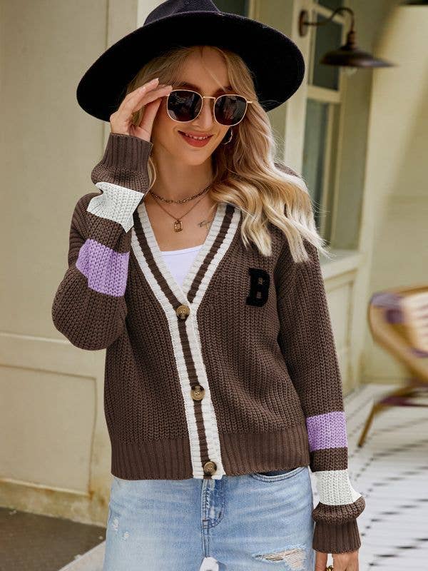 V-NECK LOOSE SWEATER JACKET PREPPY KNIT SWEATER