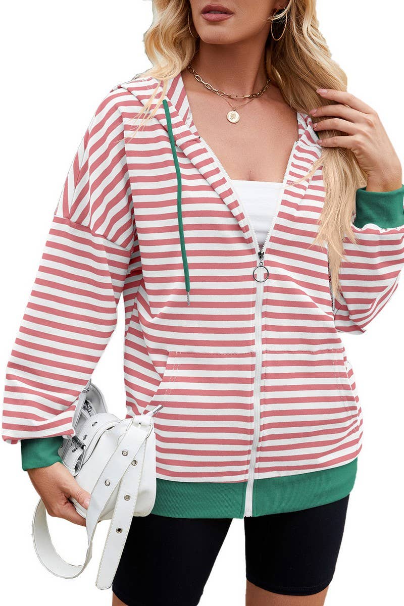 CWOCO0879_CASUAL CONTRAST STRIPE HOODED ZIP-UP SWEATSHIRT