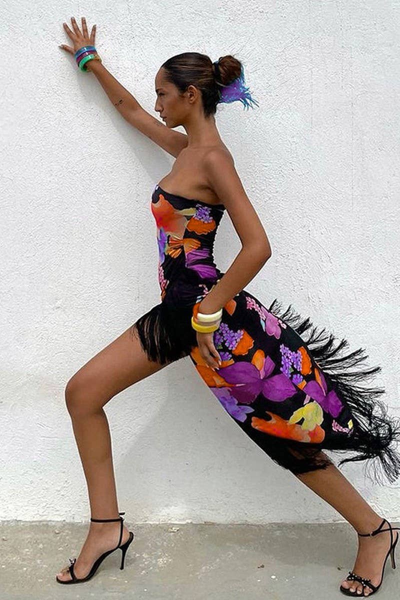 CWDTD0386_PRINTED TASSEL HALTER BACK SEXY SLIT DRESS