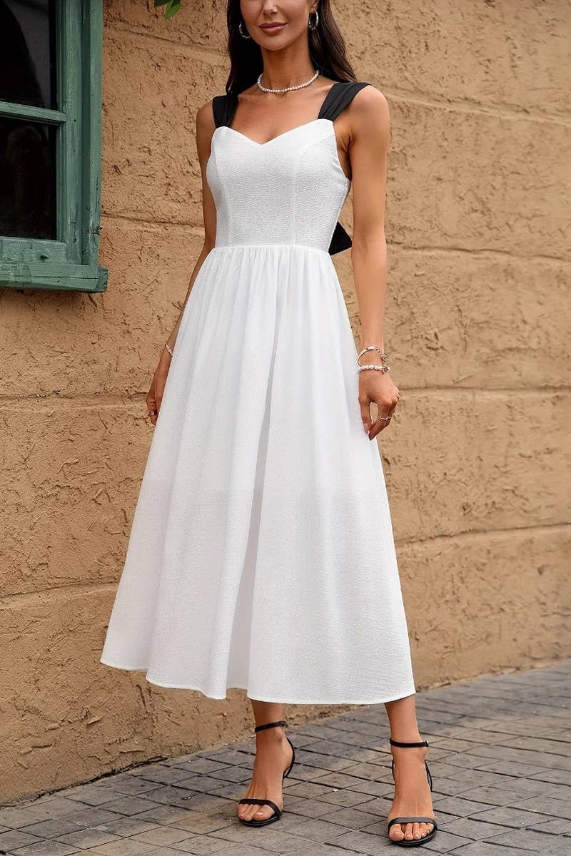 CWDMD4886_WHITE BOW BACKLESS SUSPENDER DRESS