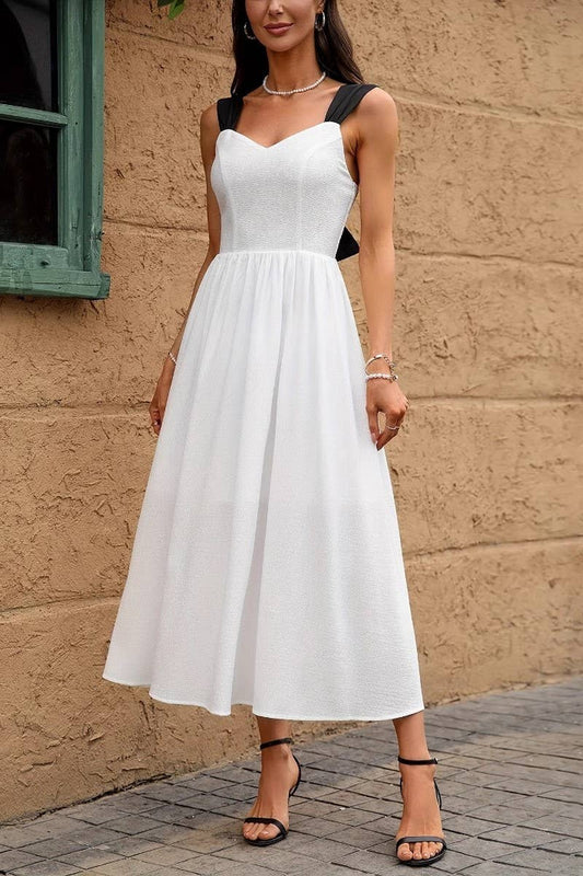 CWDMD4886_WHITE BOW BACKLESS SUSPENDER DRESS