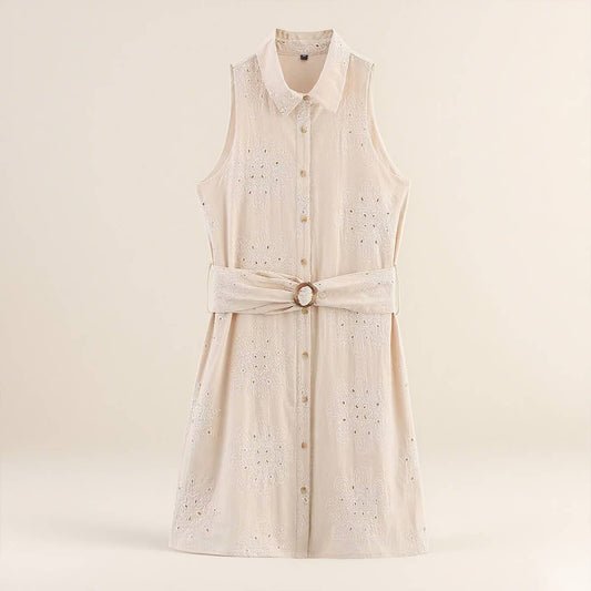 Lapel with hollow-out belt embroidery dress