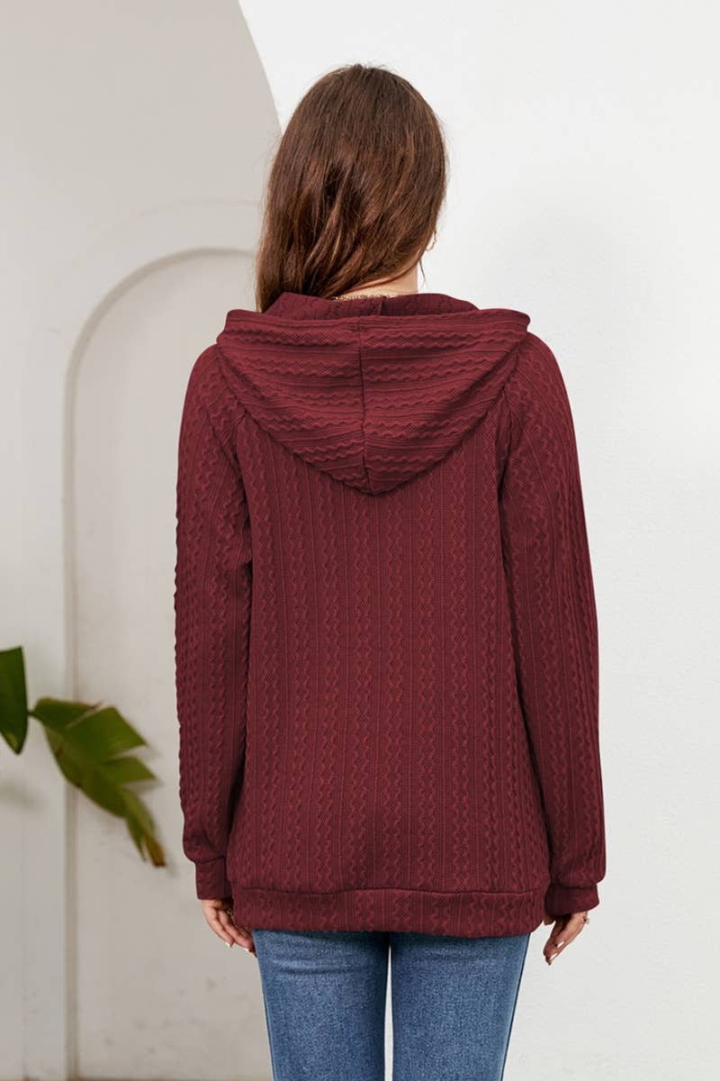 CWOHOL0983_HOODED DRAWSTRING LONG SLEEVE POCKET KNIT HOODIE