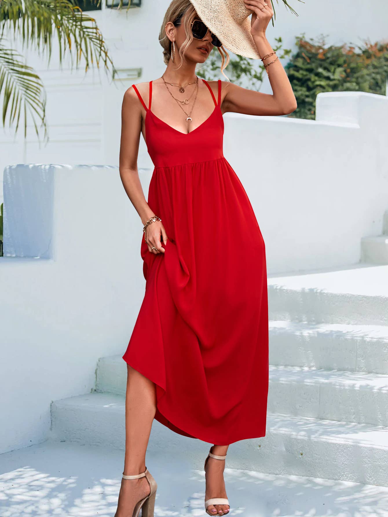 Sexy V-neck solid-color backless halter dress
