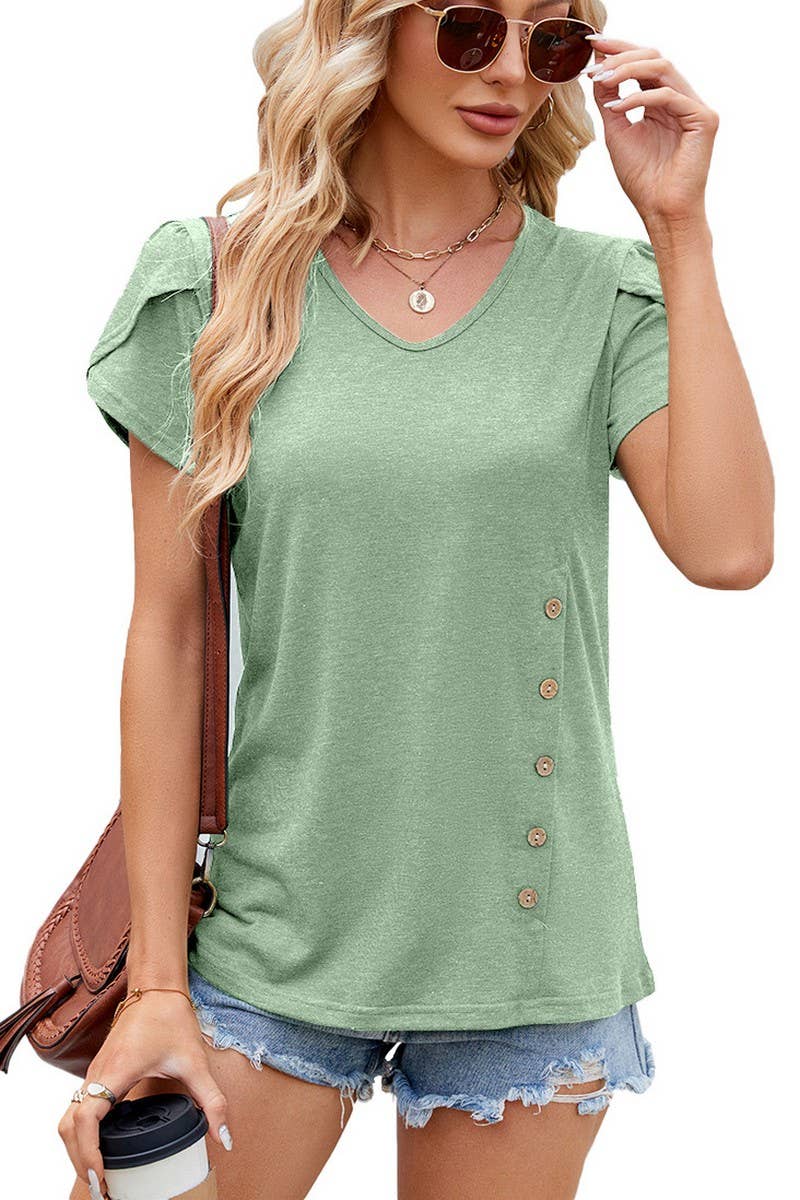 V NECK BUTTON PETALS SLEEVE SHORT SLEEVE SHIRT_CWTSTS0150