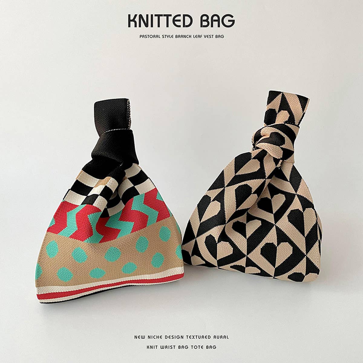 COLOR BLOCK POLKA DOT KNITTED SHOULDER TOTE BAG_CWAB1500