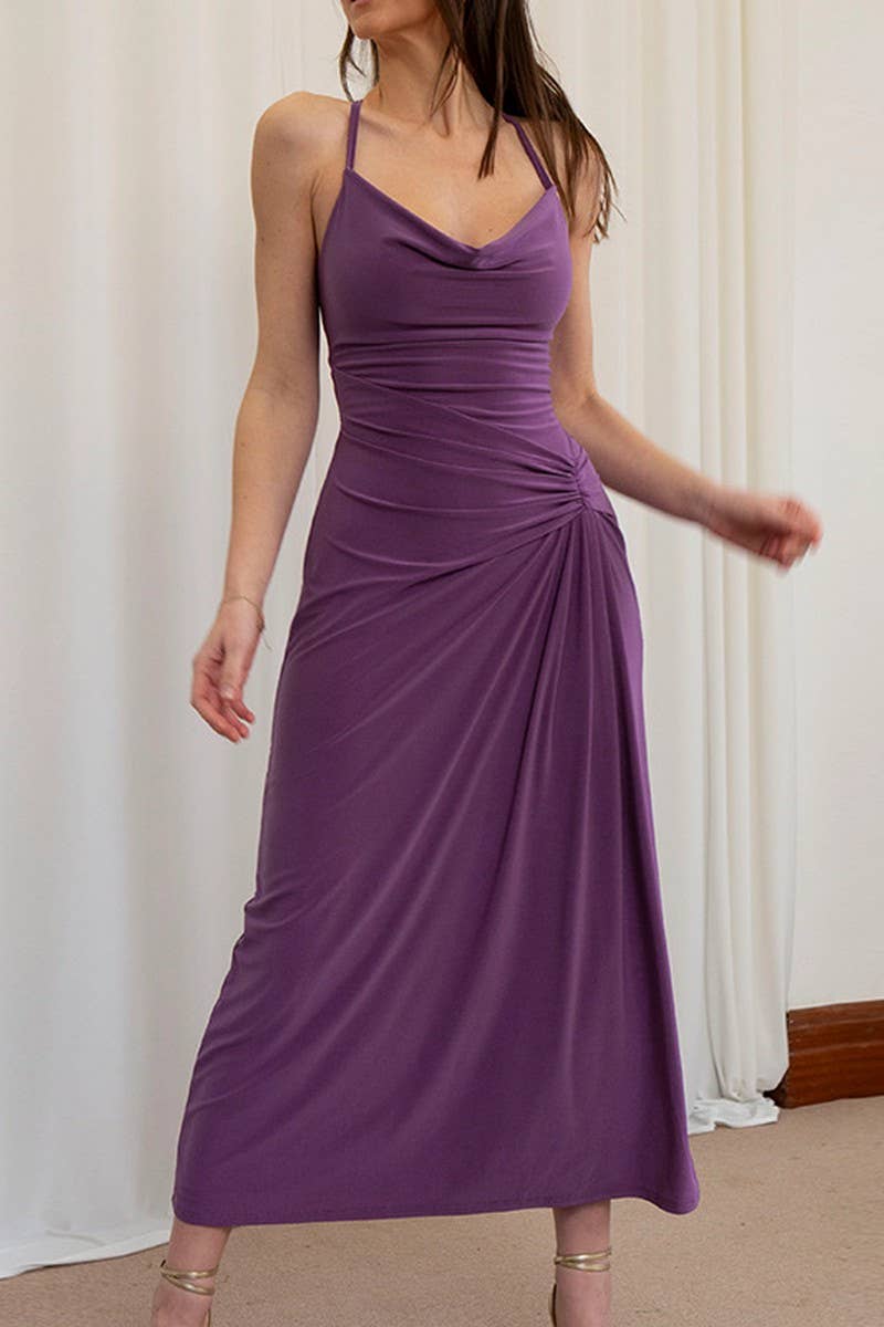 CWDHL0792_SOLID COWL NECK TIE?BACK BODYCON EVENING GOWN