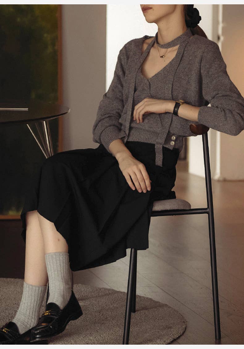 Pleated draping feeling retro high waist skirt