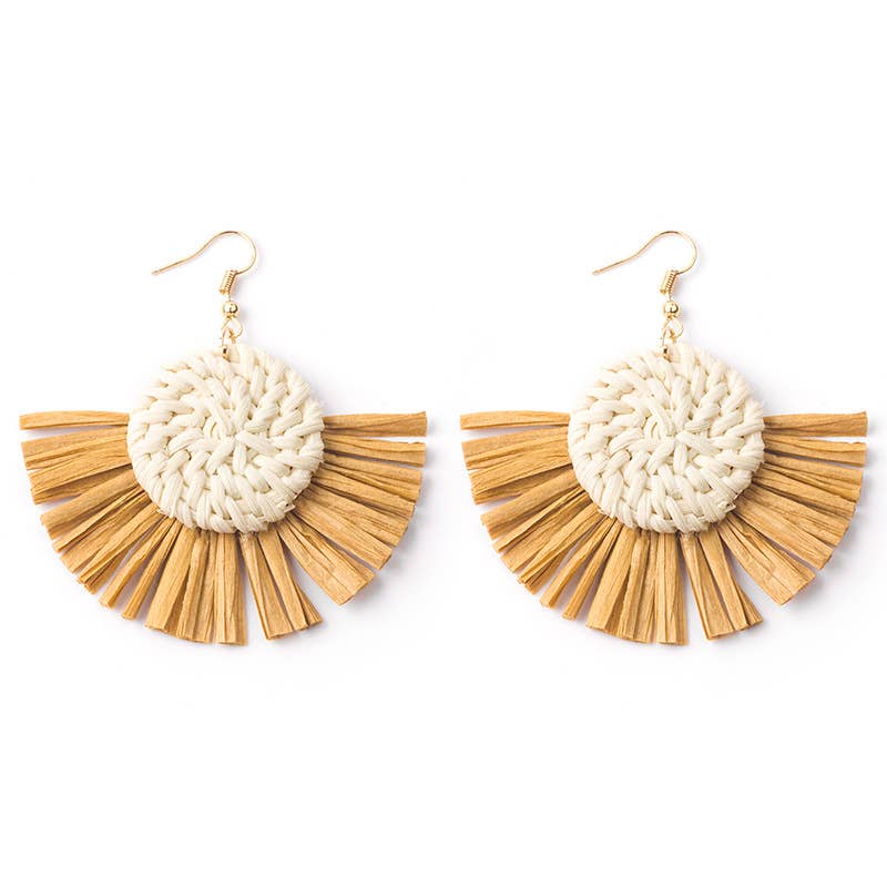Hand-woven geometric rattan raffia earrings