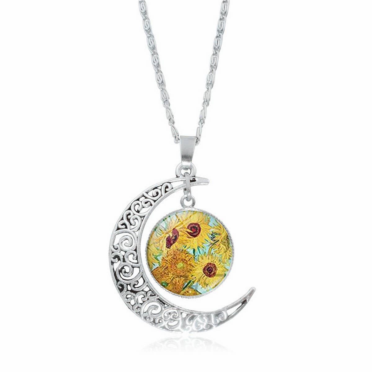 HOLLOW OUT MOON GEM PENDANT NECKLACE