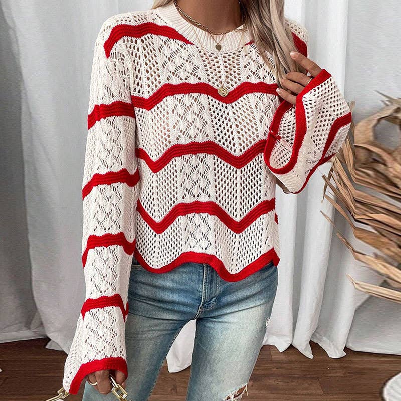 Wavy flared long-sleeved hollowed-out sweater