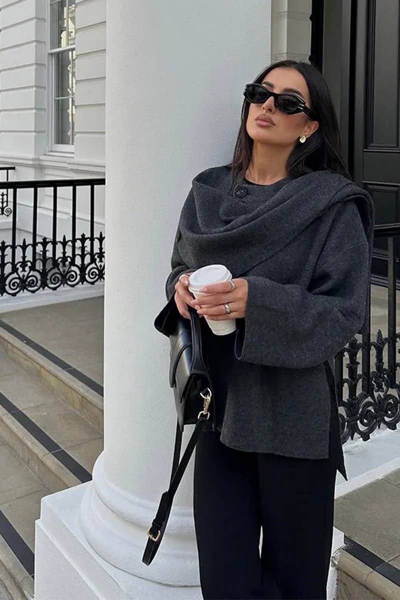 CWOCO1073_SCARF COLLAR LONG SLEEVE LOOSE CASUAL COAT