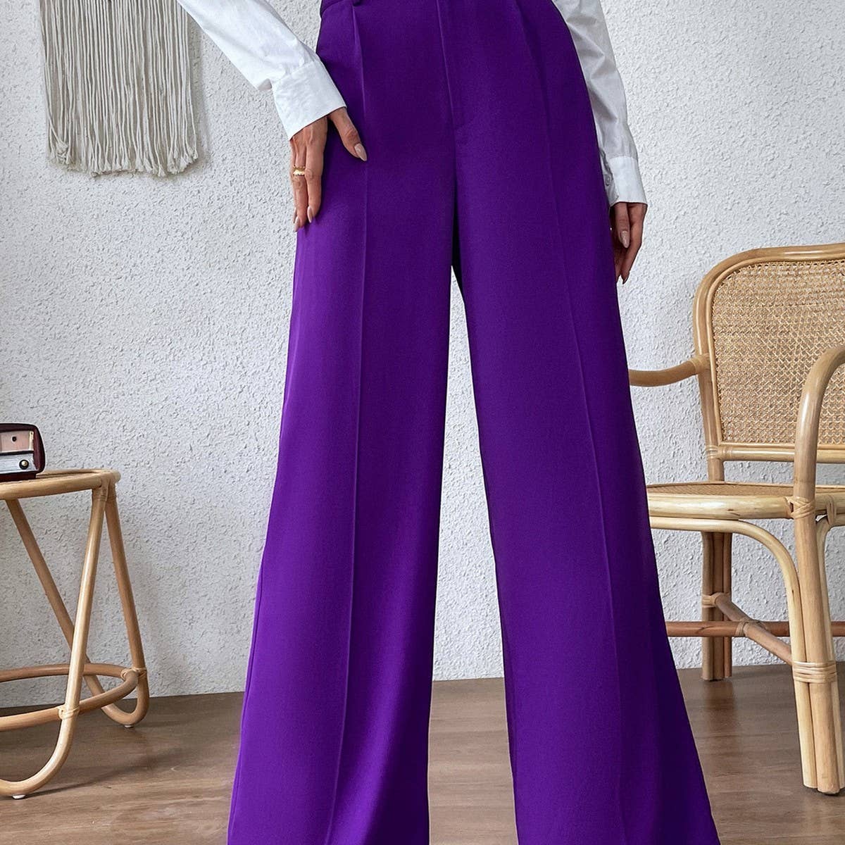 Loose solid color straight leg long wide leg pants