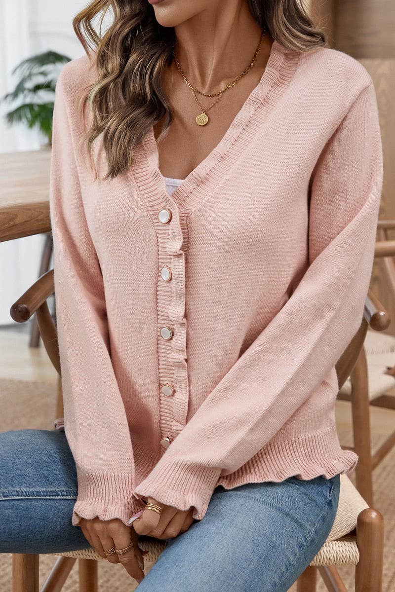 CWOCAL00724_RUFFLE EDGE BUTTON KNIT CARDIGAN SWEATER