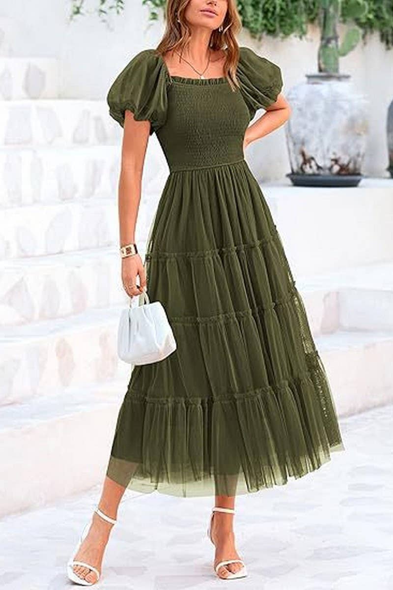 CWDMD6369_SQUARE NECK PLEATED MESH PANELED FLUFFY DRESS