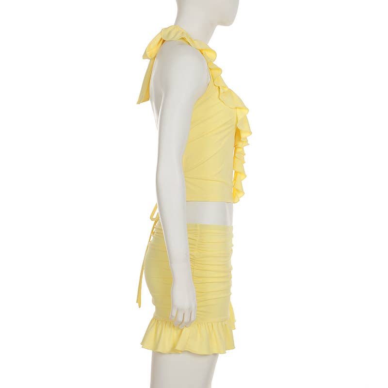 Ruffled halter top hip skirt two-piece set