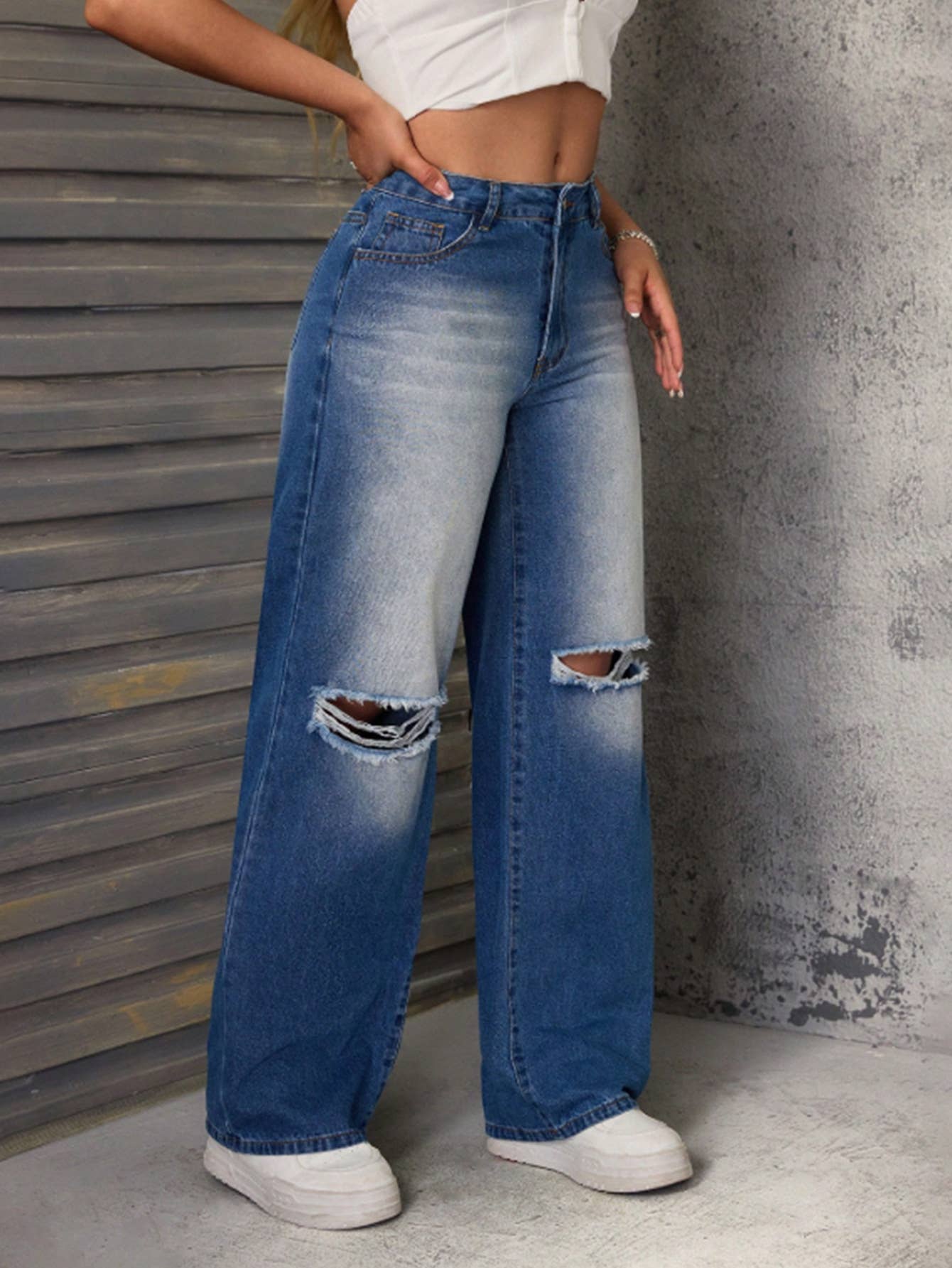 Ripped high-waisted straight-leg denim trousers