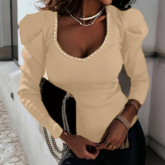 SOLID COLOR V-NECK BEADED PUFFED SLEEVE TOP