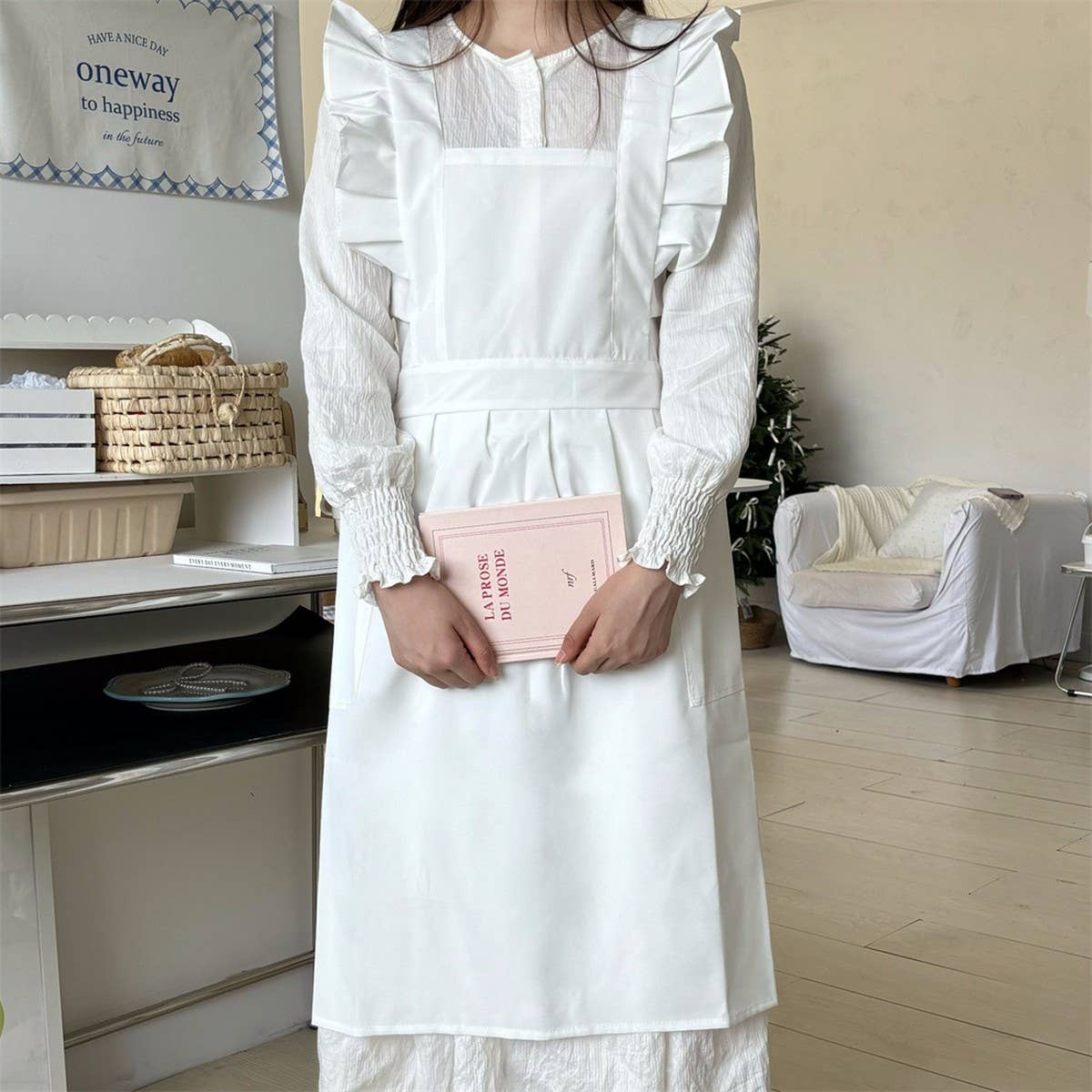 WATERPROOF AND OIL-PROOF OXFORD RUFFLED CROSS APRON