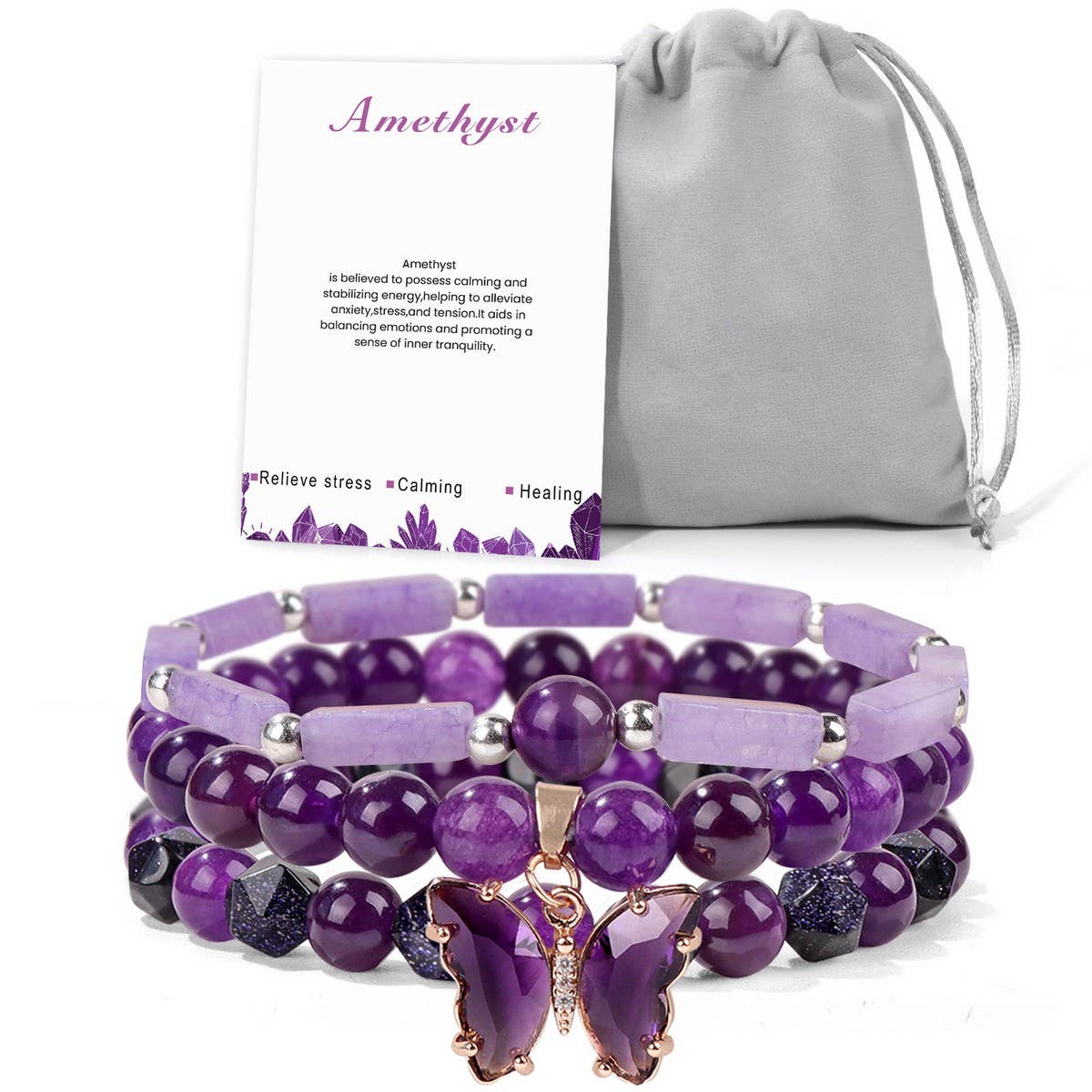 CWAJE4297_SIMPLE BUTTERFLY AMETHYST THREE-PIECE BRACELE