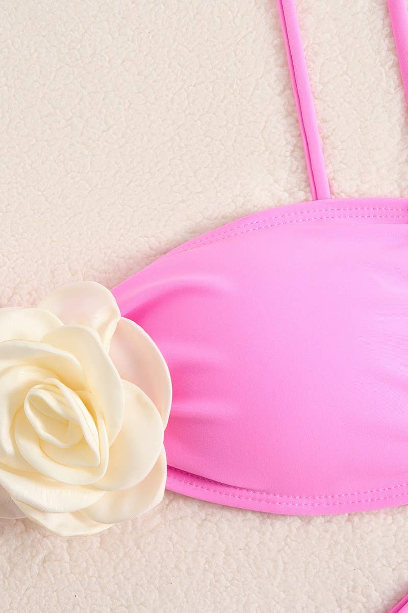 CWMW0876_SOLID COLOR 3D FLOWER SPLIT BIKINI SWIMSUIT