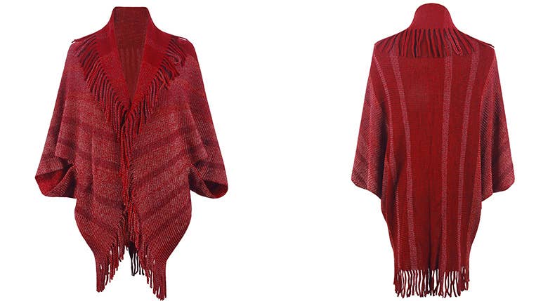FRINGED CAPE COAT KNITTED STRIPED CAPE WOMAN