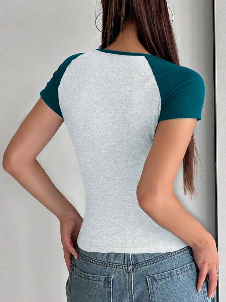 Sexy slim U-neck color short-sleeved pullover top