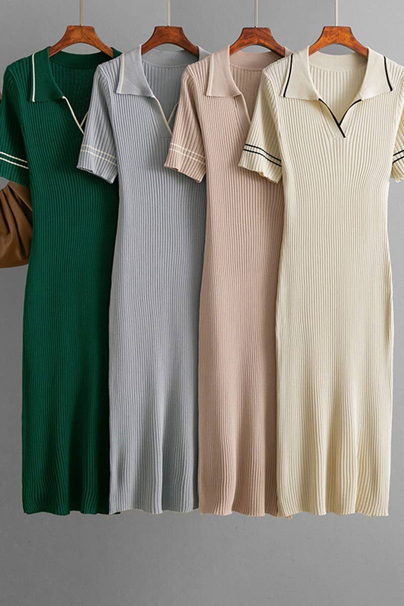 CWDMD01154_SOLID KNIT POLO COLLAR BODYCON MINI DRESS