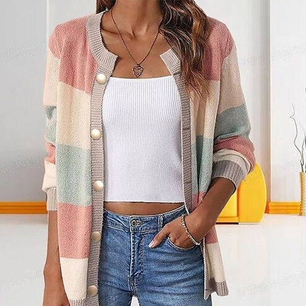STYLISH COLOR-BLOCK BUTTON-UP CARDIGAN SWEATER