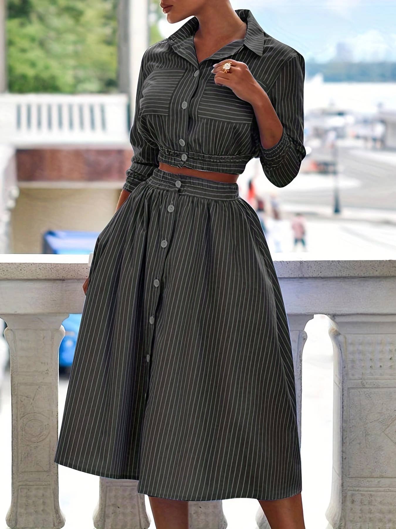 LONG SLEEVE STRIPED SHIRT SKIRT TWO-PIECE SET