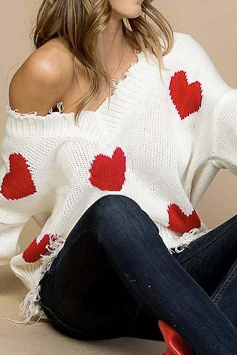 CWOSWL07358_VALENTINE'S HEART PATCH V NECK KNIT SWEATER
