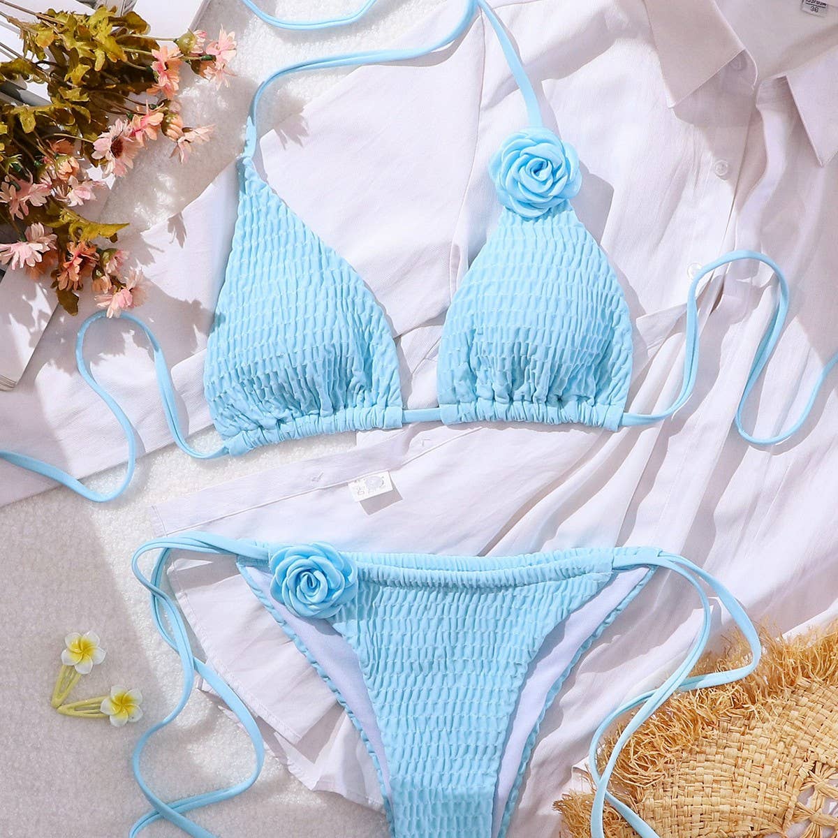 3D Floral Bikini Set - Sexy Triangle Cup Swimsuit_CWMW0687