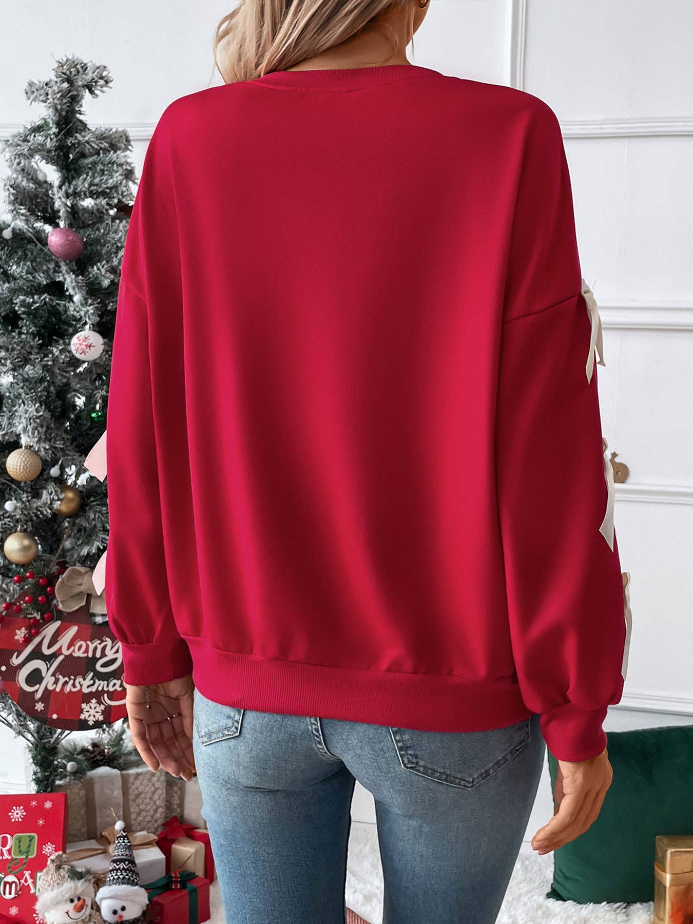 Solid color round neck bow embellish lace pullover hoodie