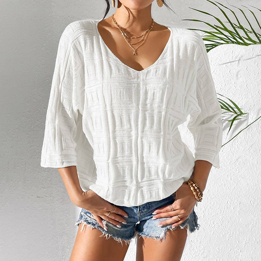 SIMPLE LOOSE KNIT SOLID COLOR PULLOVER V-NECK TOP