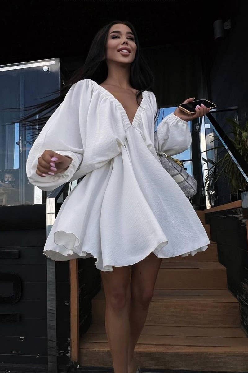 CWDSD6540_SOLID COLOR LANTERN SLEEVE V-NECK SEXY DRESS