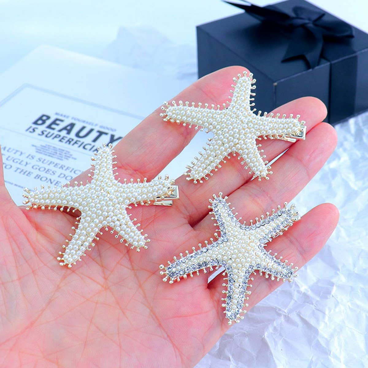 PEARL STARFISH HAIRPIN RHINESTONE SIDE CLIP_CWAHA4703