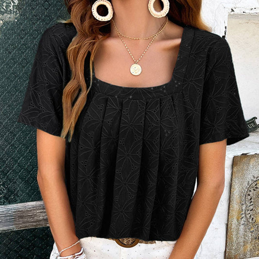 SQUARED NECK RUFFLED HOLLOW OUT T SHIRT TOP_CWTBLS0518