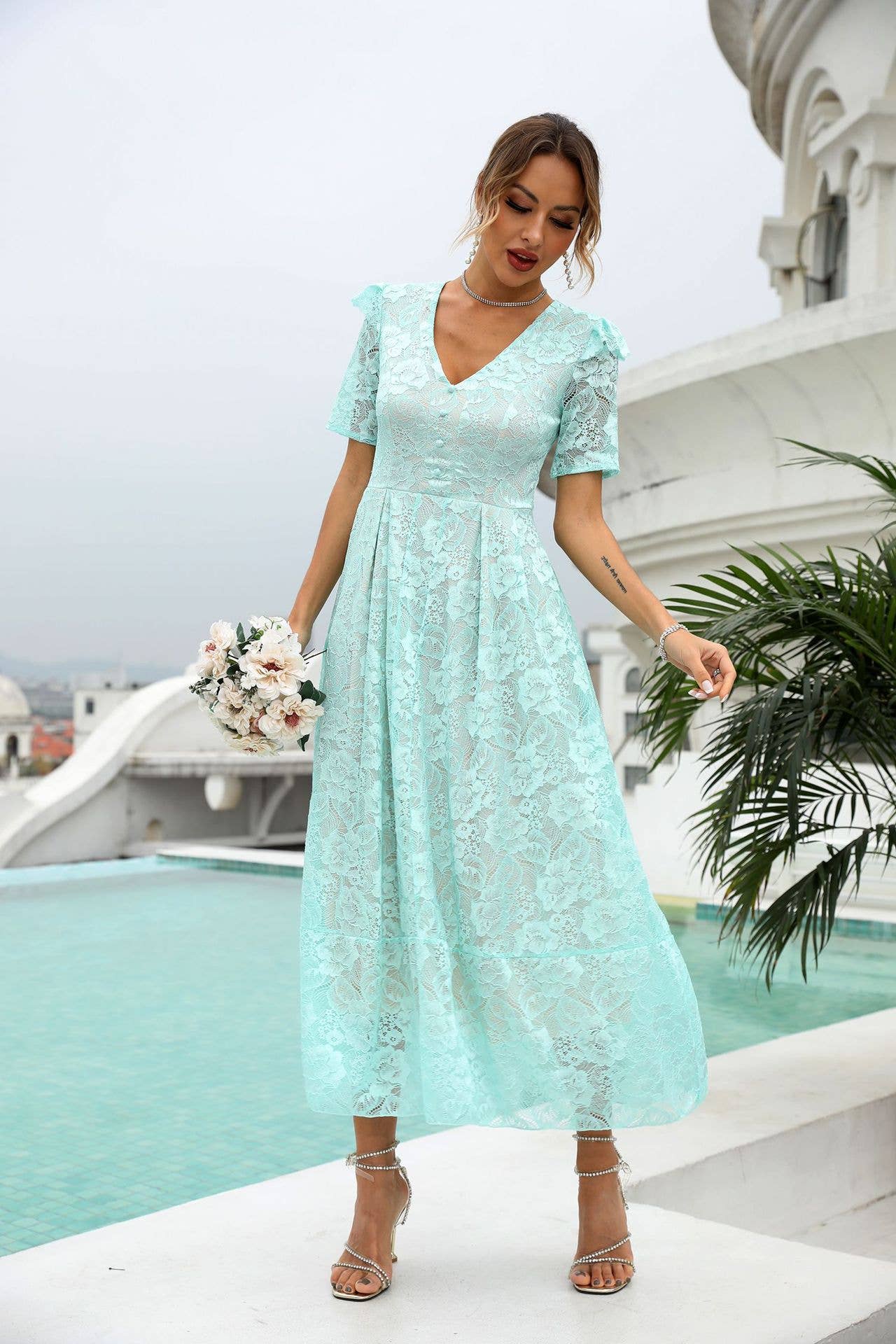 LACE COMMUTER HIGH-WAISTED V-NECK DRESS