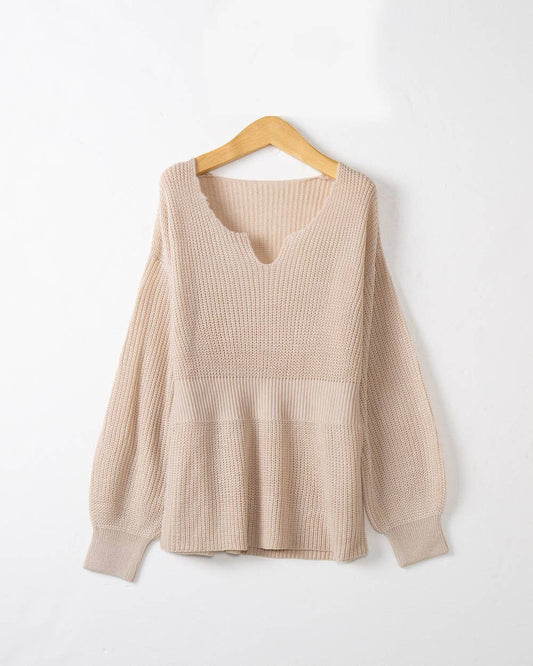 V-NECK SOLID COLOR LONG SLEEVE RUFFLED KNIT