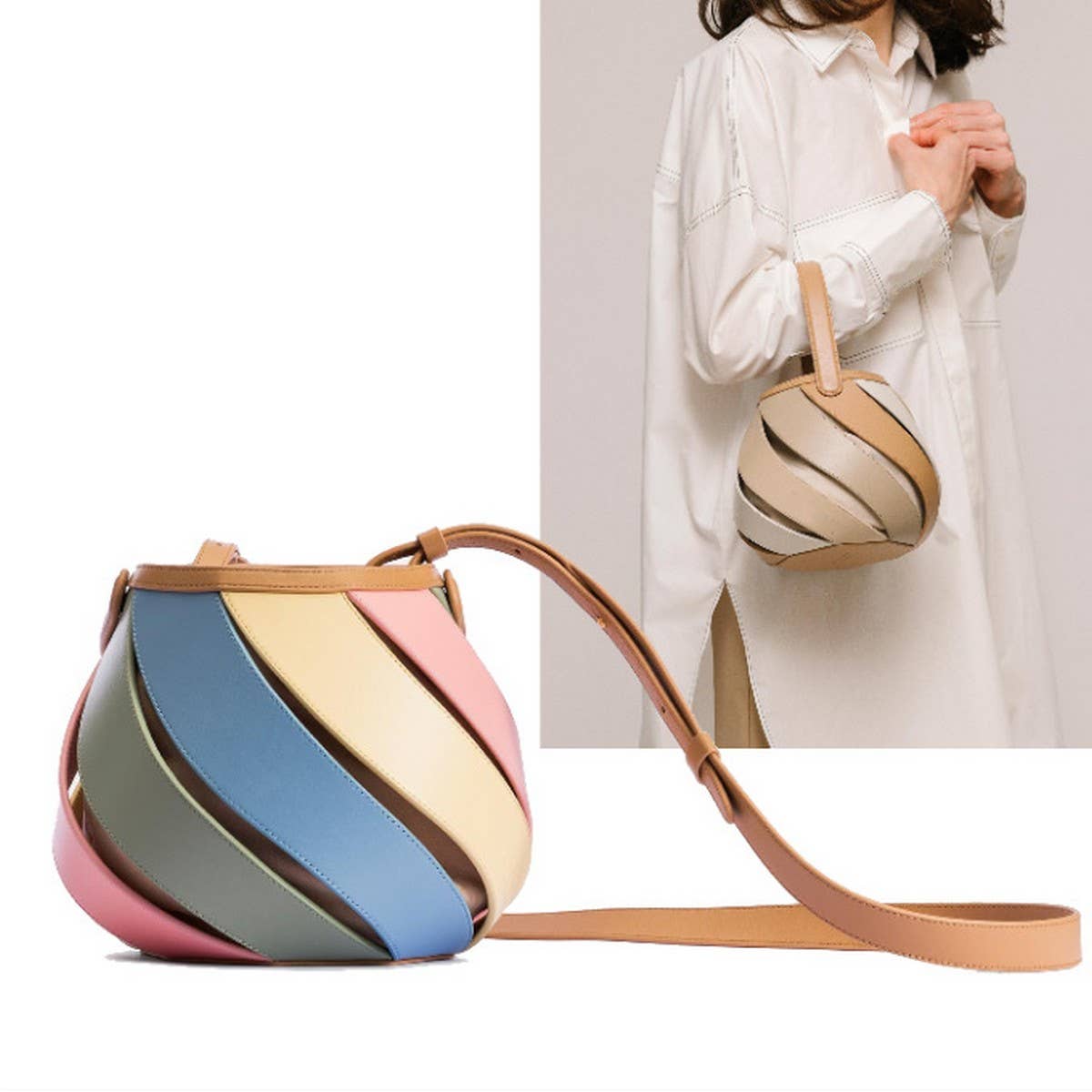 CYLINDRICAL CONTRASTING COLOR PATCHWORK BUCKET BAG_CWAB1929