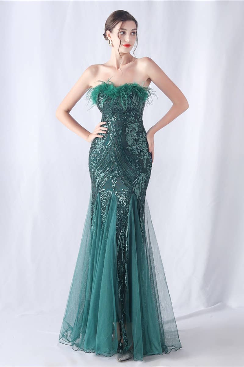 CWDMD3628_FURRY STRAPLESS SEQUIN EVENING DRESS LONG