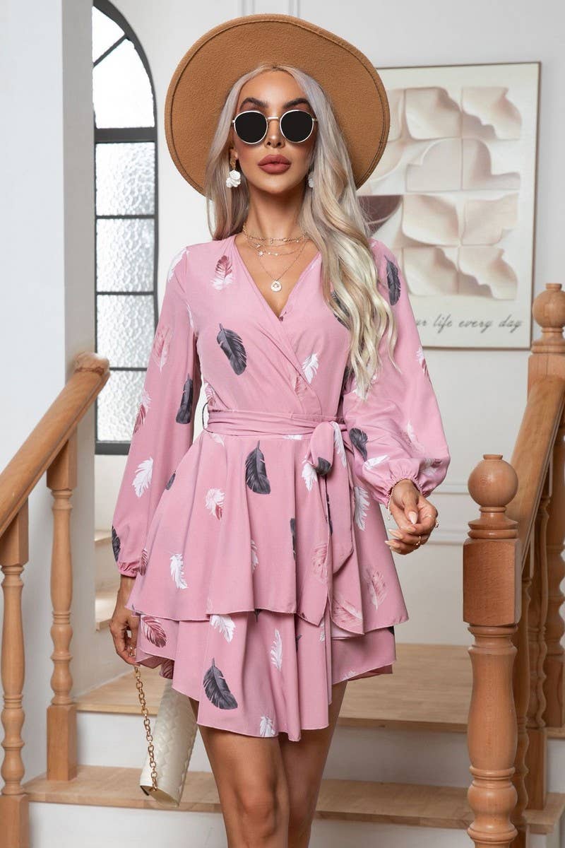 CWDSD2921_FEATHER PRINT  HEM RUFFLED LACE-UP MINI DRESS