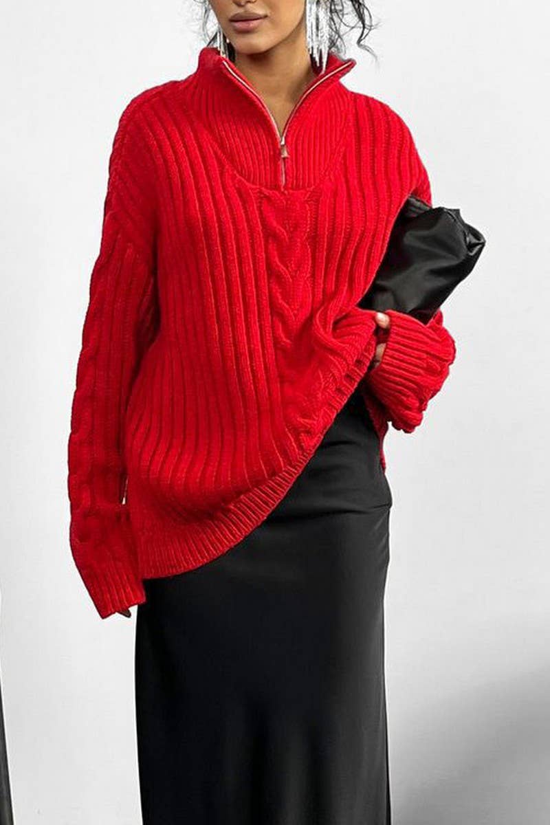 Zipper half turtleneck long-sleeved pullover sweater