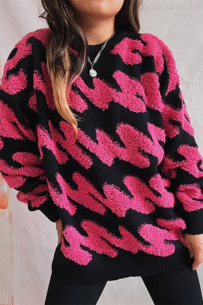 Long sleeve knit sweater with wavy stripes flocking