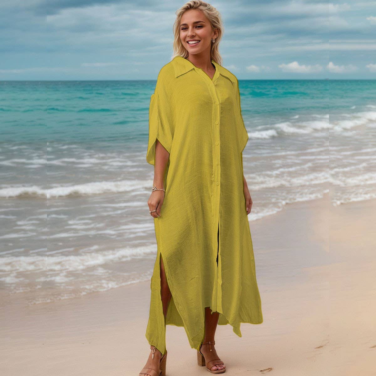 Bamboo Cotton Beach CoverUp Solid Color BikiniShirt_CWMM6300