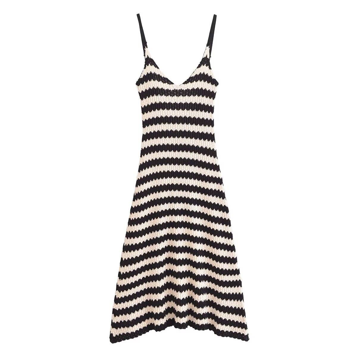 STRIPED PULLOVER V-NECK KNITTED HALTER DRESS