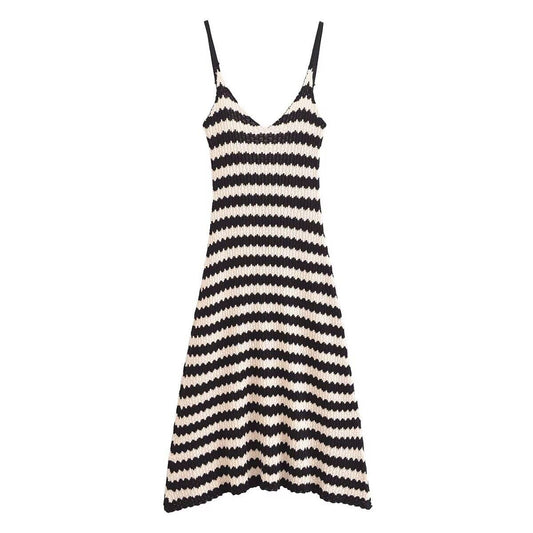 STRIPED PULLOVER V-NECK KNITTED HALTER DRESS