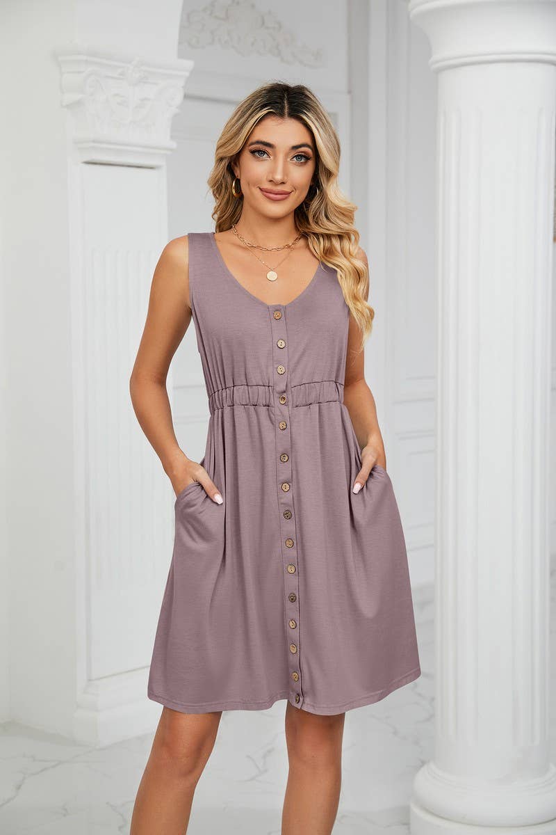 CWDSD3114_ROUND NECK SLEEVELESS BUTTON POCKET WAIST DRESS
