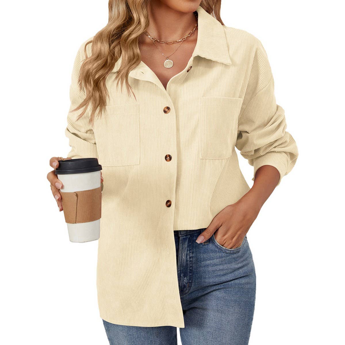 Lapel button solid color patchwork shirt jacket