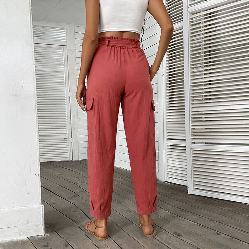 SOLID COLOR HIGH-WAISTED CASUAL LACE-UP PANTS